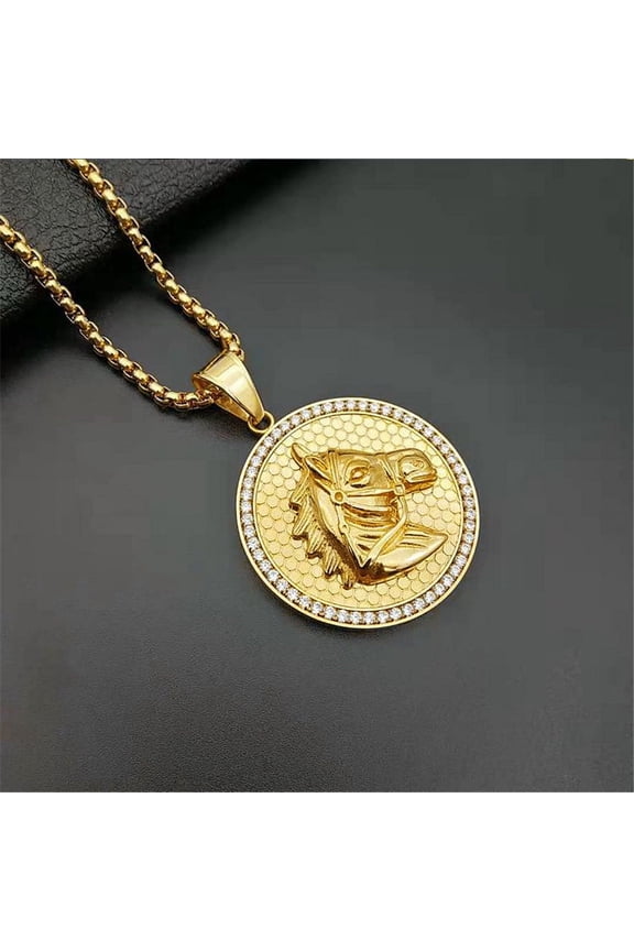 14K Yellow Gold Horse Head Necklace Pendant With Chain And Golden Color Iced Out Bling Hip Hop Jockey Club Round Jewelry