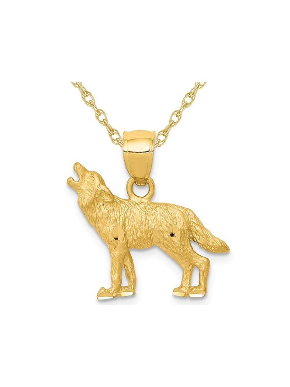 14K Yellow Gold Howling Wolf Charm Pendant Necklace with Chain