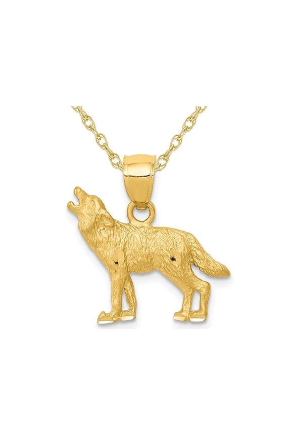 Gem & Harmony 14K Yellow Gold Howling Wolf Charm Pendant Necklace with Chain for Women