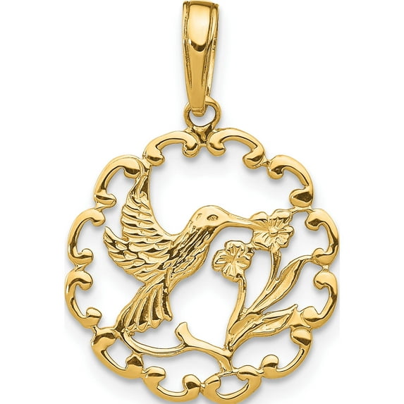 14K Yellow Gold Hummingbird With Flower In Frame Pendant (23 X 16) Made Peru d4195