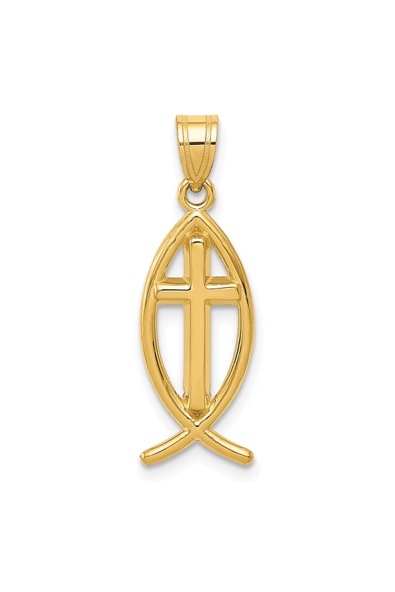14K Yellow Gold Ichthus Fish Cross Charm Pendant