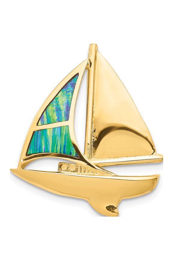 14K Yellow Gold Lab Created Opal Sailboat Omega Slide