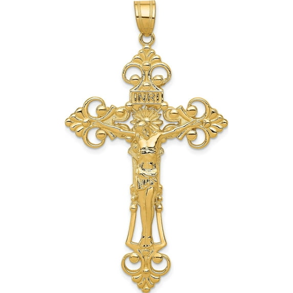 14K Yellow Gold Inri Fleur De Lis Crucifix Pendant (66 X 36) Made In United States c251