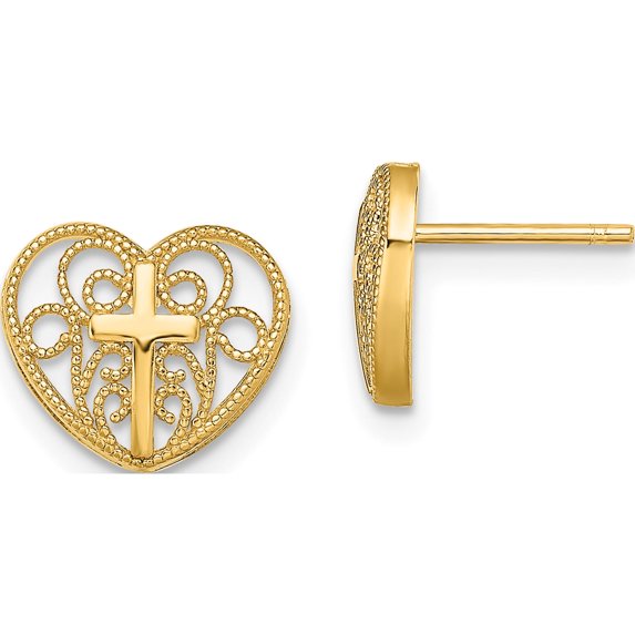 14K Yellow Gold Inspired, Luxury, Luxurious Polished 10 Mm Heart W/Cross Post Earrings