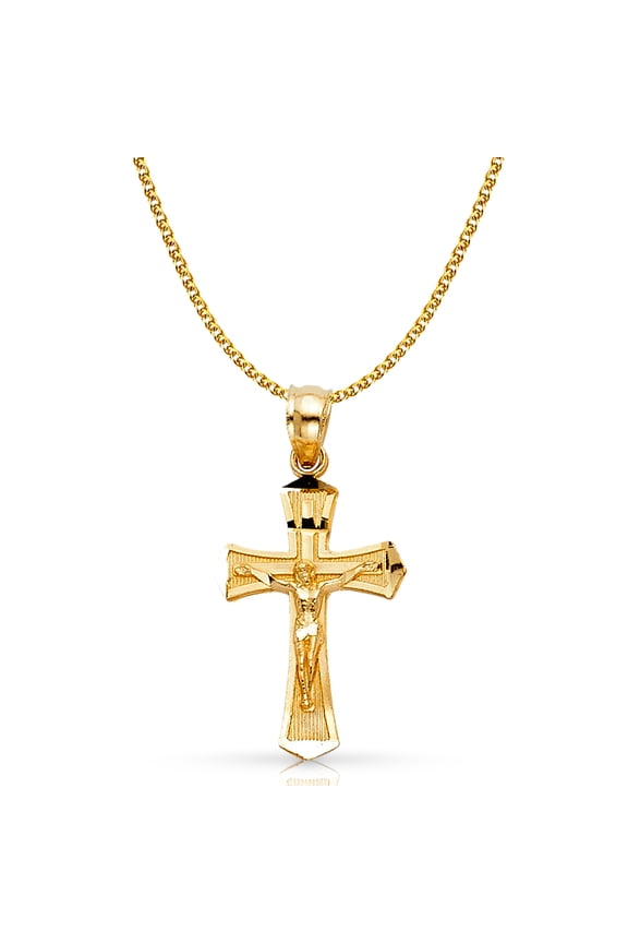 14K Yellow Gold Jesus Crucifix Cross Pendant with 1.4mm Flat Open Wheat Chain Chain Necklace - 16"