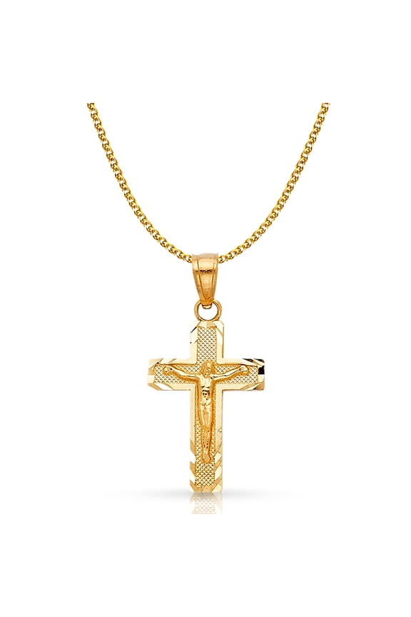 14K Yellow Gold Jesus Crucifix Cross Pendant with 1.4mm Flat Open Wheat Chain Chain Necklace - 24"
