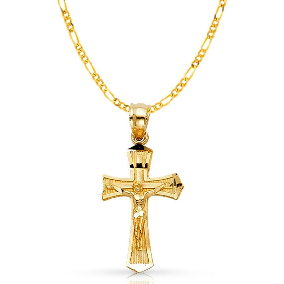 14K Yellow Gold Jesus Crucifix Cross Pendant with 2.3mm Figaro 3+1 Chain Chain Necklace