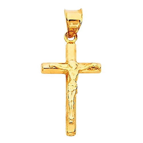 14K Yellow Gold Jesus Engraved Cross Pendant - Crucifix Charm Polish Finish - Handmade Spiritual Symbol - Gold Stamped Fine Jewelry - Great Gift for Men & Women for Occasions