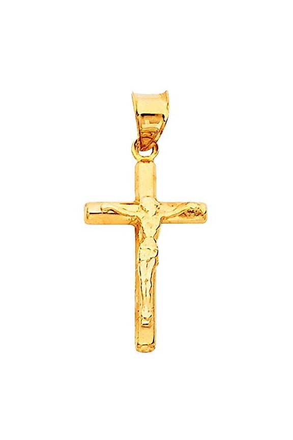 14K Yellow Gold Jesus Engraved Cross Pendant - Crucifix Charm Polish Finish - Handmade Spiritual Symbol - Gold Stamped Fine Jewelry - Great Gift for Men & Women for Occasions
