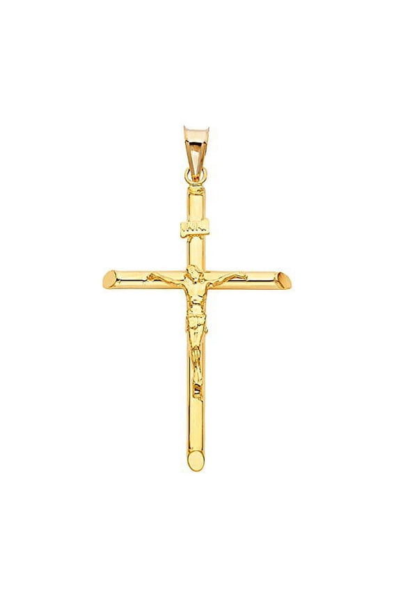 14K Yellow Gold Jesus Engraved Cross Pendant - Crucifix Charm Polish Finish - Handmade Spiritual Symbol - Gold Stamped Fine Jewelry - Great Gift for Men & Women for Occasions