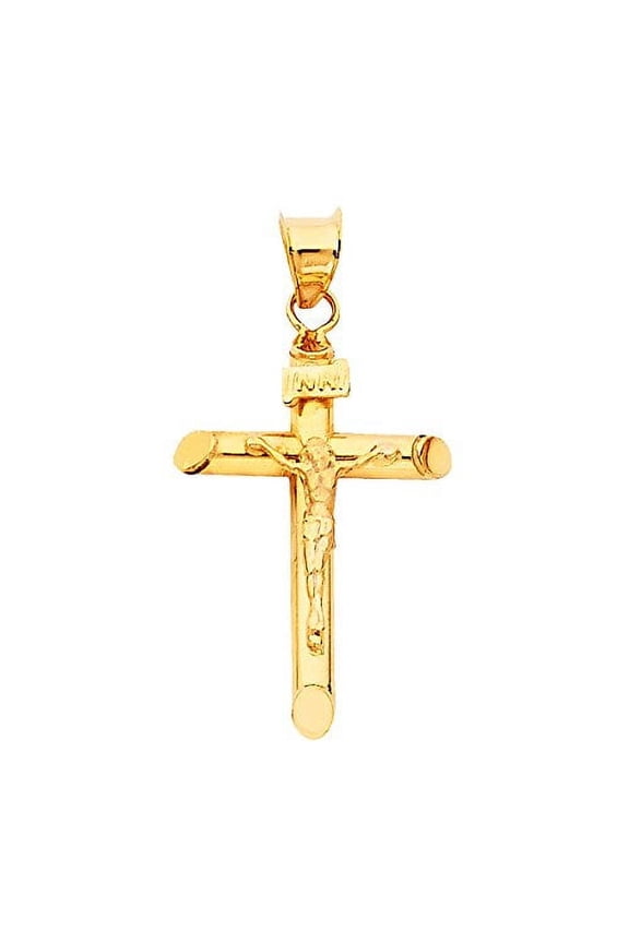 14K Yellow Gold Jesus Engraved Cross Pendant - Crucifix Charm Polish Finish - Handmade Spiritual Symbol - Gold Stamped Fine Jewelry - Great Gift for Men & Women for Occasions