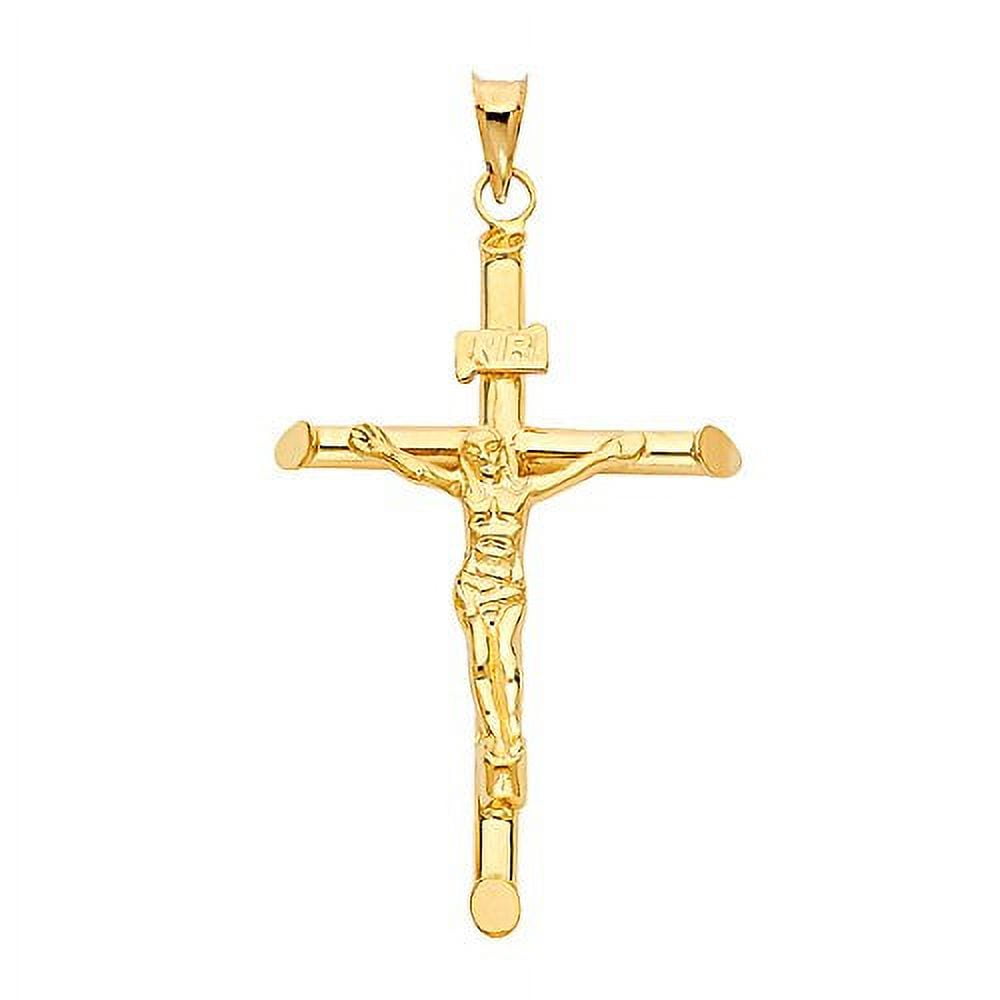 14K Yellow Gold Jesus Engraved Cross Pendant - Crucifix Charm Polish ...