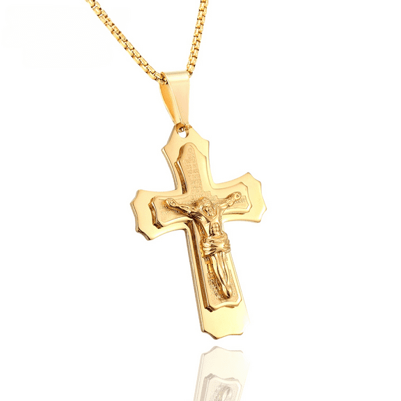 14K Yellow Gold Jewelry Catholic Caravaca Cross Pendant Necklace Unique Charm Punk Amulet Chain Necklace for Men and Women