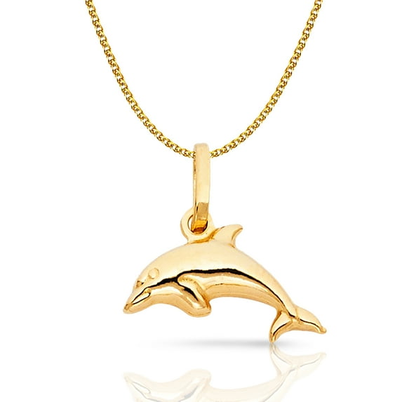 14K Yellow Gold Jumping Dolphin Prosperity Charm Pendant with 1.2mm Flat Open Wheat Chain Necklace - 18"