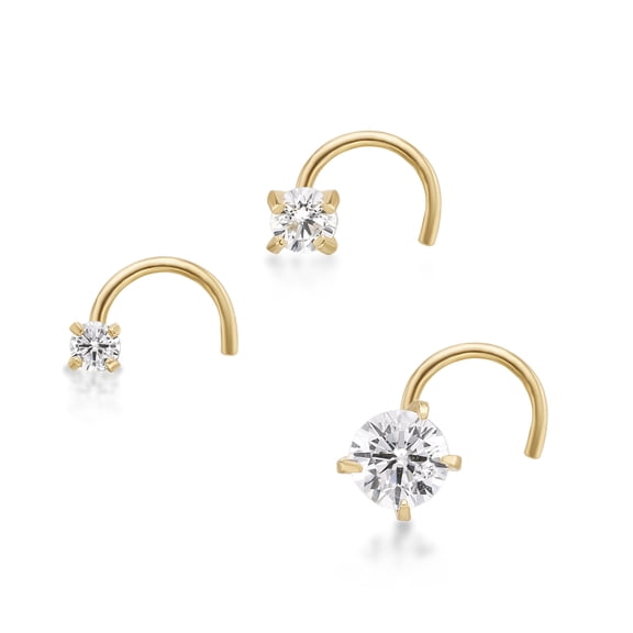 14K Yellow Gold L-Shape Cubic Zirconia Nose Ring 3-Piece Set