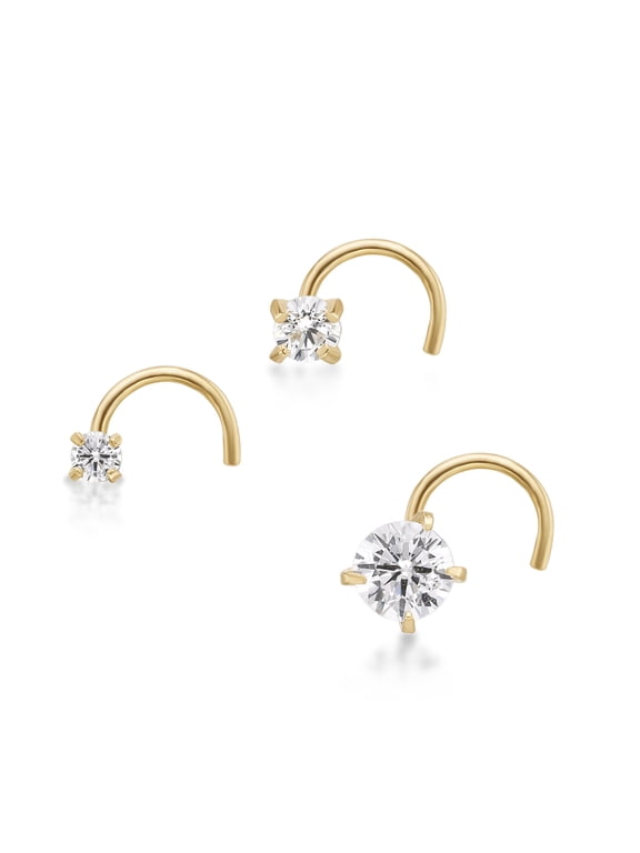 14K Yellow Gold L-Shape Cubic Zirconia Nose Ring 3-Piece Set