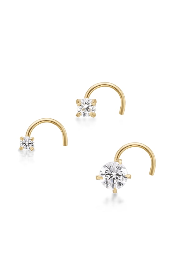 14K Yellow Gold L-Shape Cubic Zirconia Nose Ring 3-Piece Set