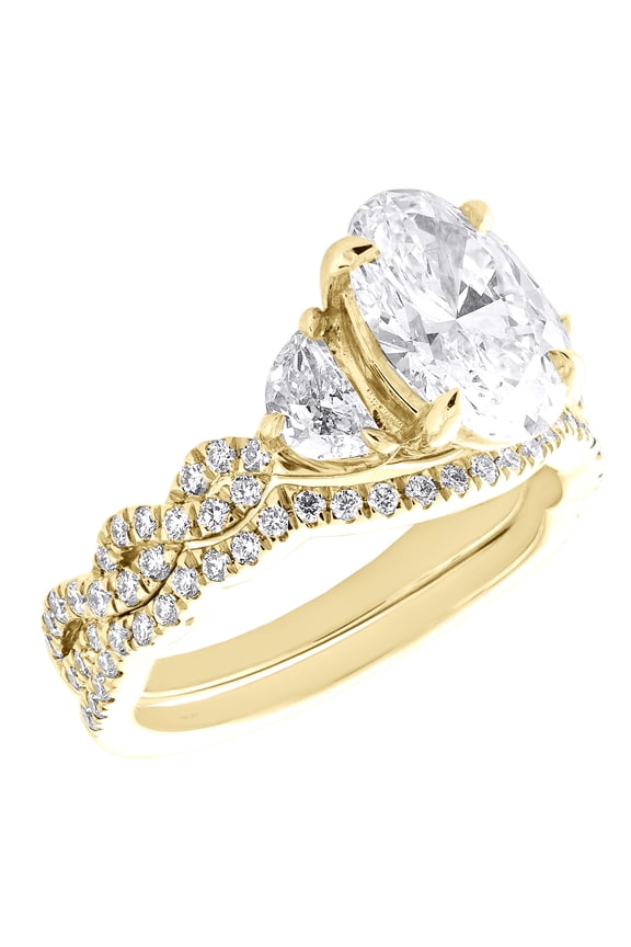 14K Yellow Gold Lab Created Diamond Oval 3 Stone Braided Rings Bridal Set 3 CT
