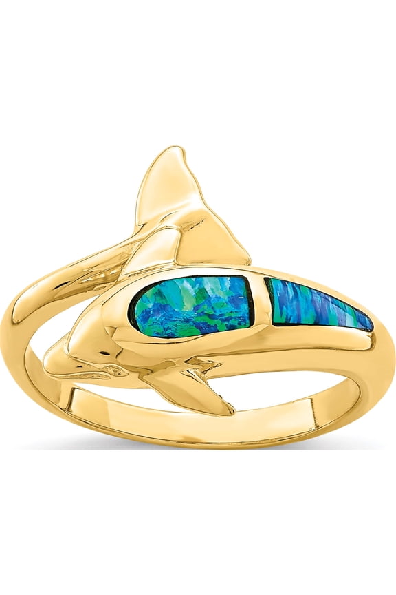 14K Yellow Gold Lab Created Opal Dolphin Ring (Size 7) Made In United States r656