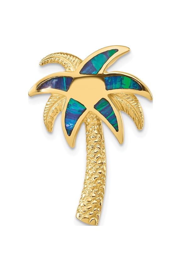 14K Yellow Gold Lab Created Opal Palm Tree Omega Slide