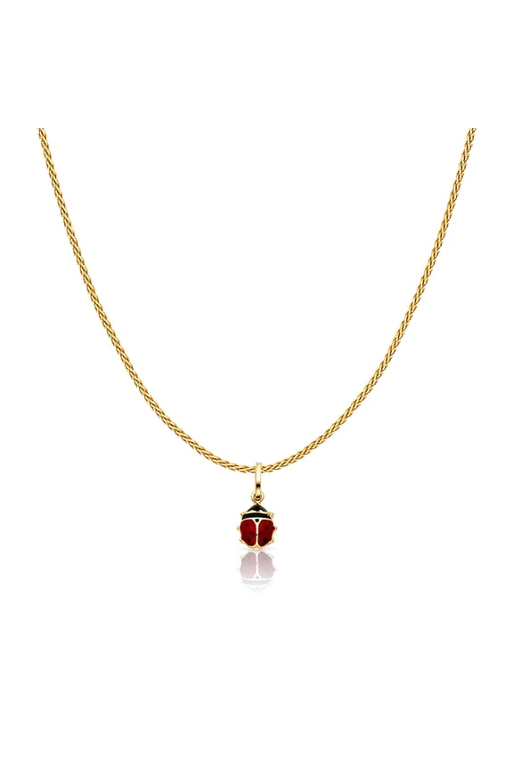 14K Yellow Gold Lady Bug Colored Enamel Lucky Charm Pendant with 0.9mm Wheat Chain Necklace - 16"