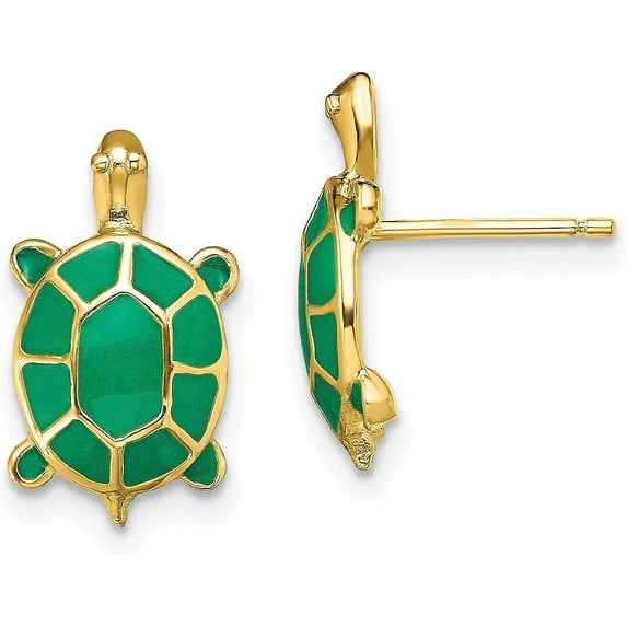 14K Yellow Gold Land Turtle W/Green Enamel Shell Earrings - 15.15mm
