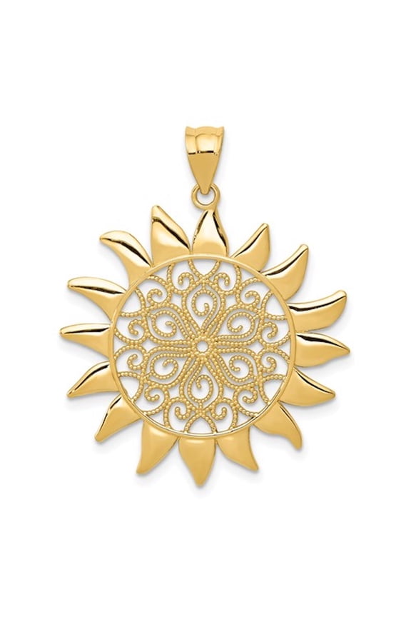 14K Yellow Gold Large Filigree Sun Celestial Pendant Charm