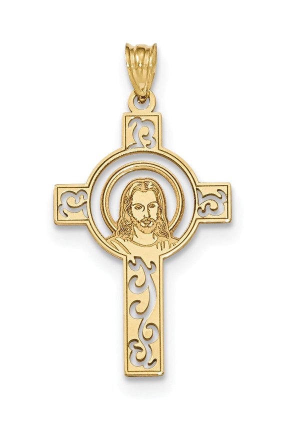 14K Yellow Gold Laser Cut Jesus Face Cross Charm Made In United States yc1209