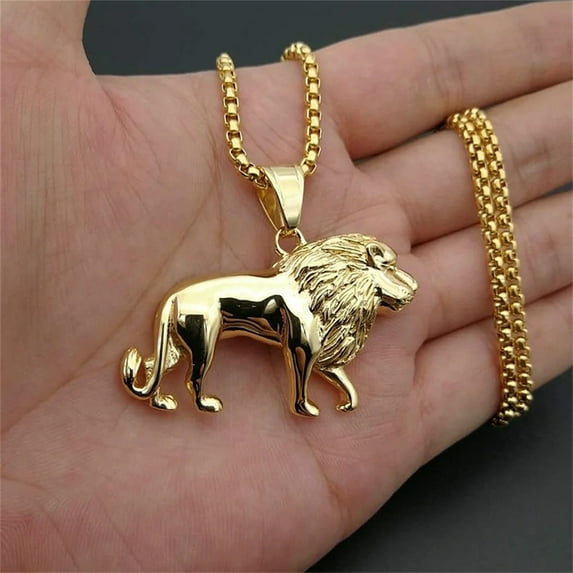 14K Yellow Gold Lion Necklace for Women/Men,Golden Color Lions Head Pendant Animal Jewelry,Africa Lion Ethiopian Best Gift D134