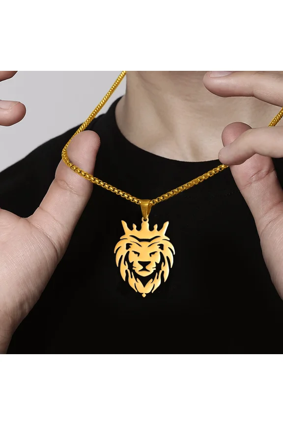 14K Yellow Gold Lion Pendent Necklaces for Women Men Punk Animal Lion King Crown Charm Chains Hip Hop Rock Jewelry Gift