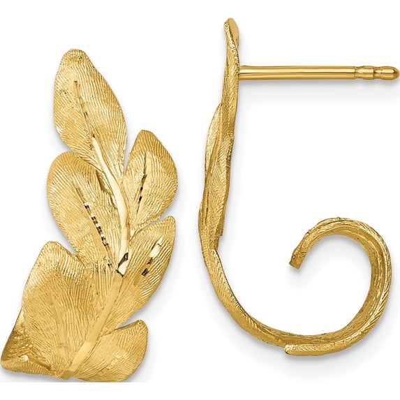 14K Yellow Gold Luxury, Captivating, Sleek 23.5 Mm 9.2 Brushed And Textured Curled Leaf Post Earrings
