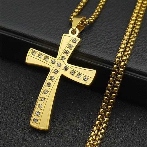 14K Yellow Gold Luxury Zircon Cross Necklace Pendant For Men Women Jewelry Accessories