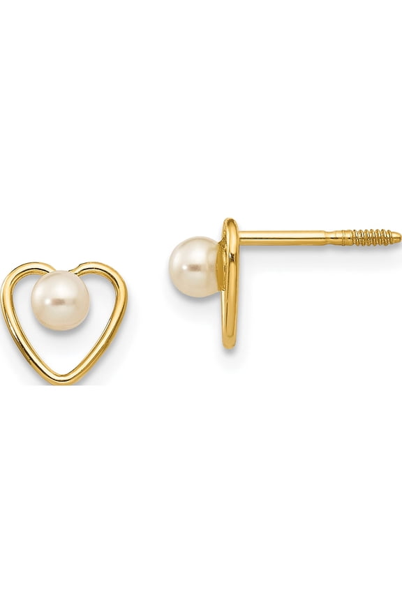 14K Yellow Gold 3mm Round White Freshwater Cultured Pearl Birthstone Heart Screwback Post Earrings