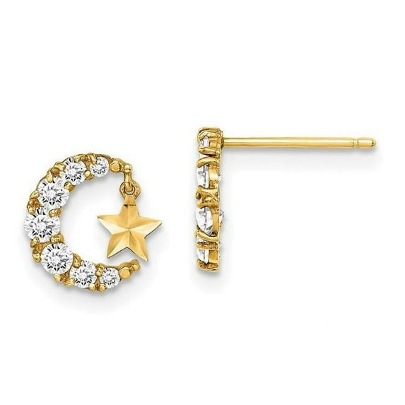 14K Yellow Gold Madi K CZ Crescent Moon with Diamond-Cut Star Dangle Post Earrings