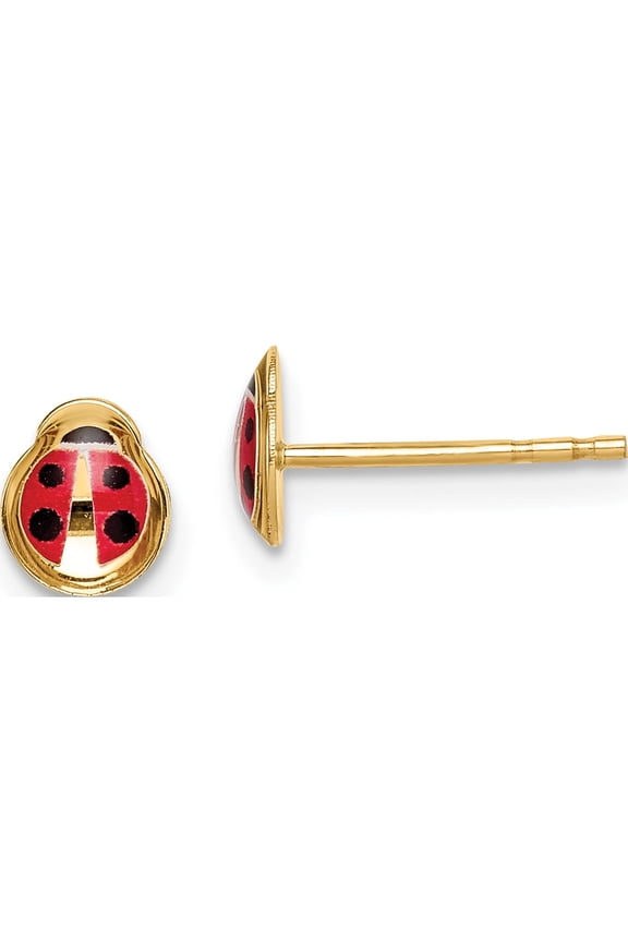 14K Yellow Gold Small Red and Black Enamel Ladybug Post Earrings