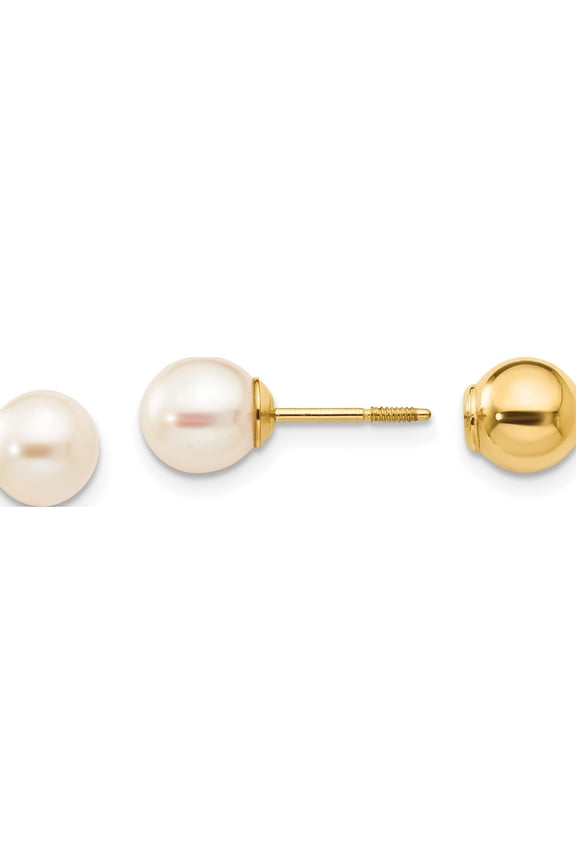 14K Yellow Gold Reversible 5-6mm White Round Freshwater Cultured Pearl and Bead Screwback Post Earrings