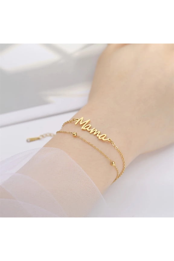 14K Yellow Gold Mama Bracelet For Women Mom Nameplate Letter Charm Bracelet Multi-layer Bead Chain Jewelry Mom Gifts