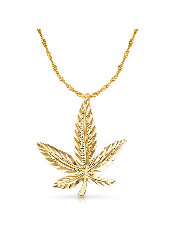 14K Yellow Gold Marijuana Leaf Charm Pendant with 1.2mm Singapore Chain Necklace - 18"