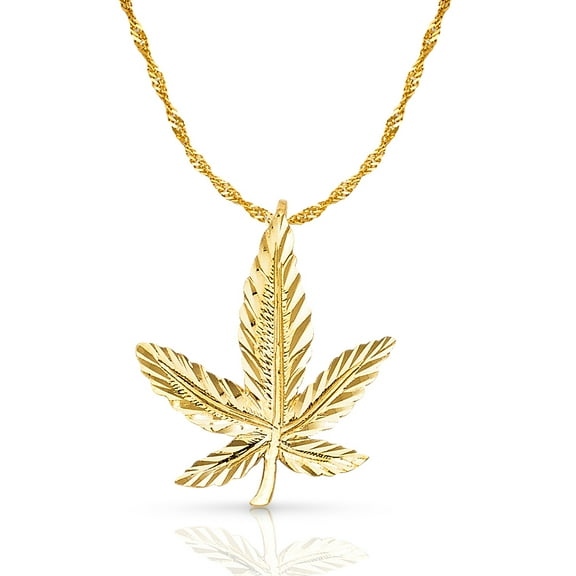 14K Yellow Gold Marijuana Leaf Charm Pendant with 1.2mm Singapore Chain Necklace - 18"