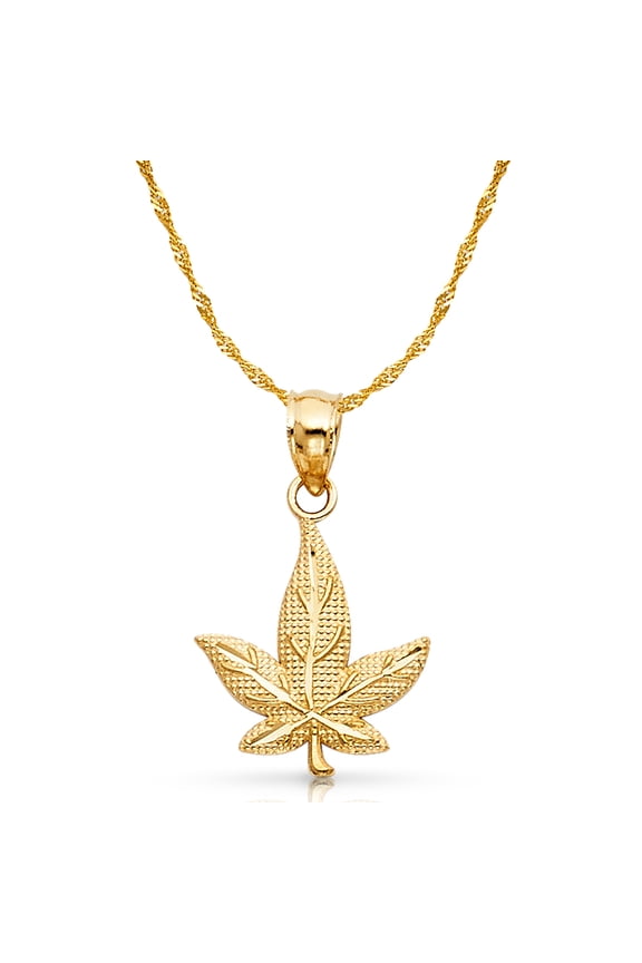 14K Yellow Gold Marijuana Leaf Charm Pendant with 1.2mm Singapore Chain Necklace - 18"