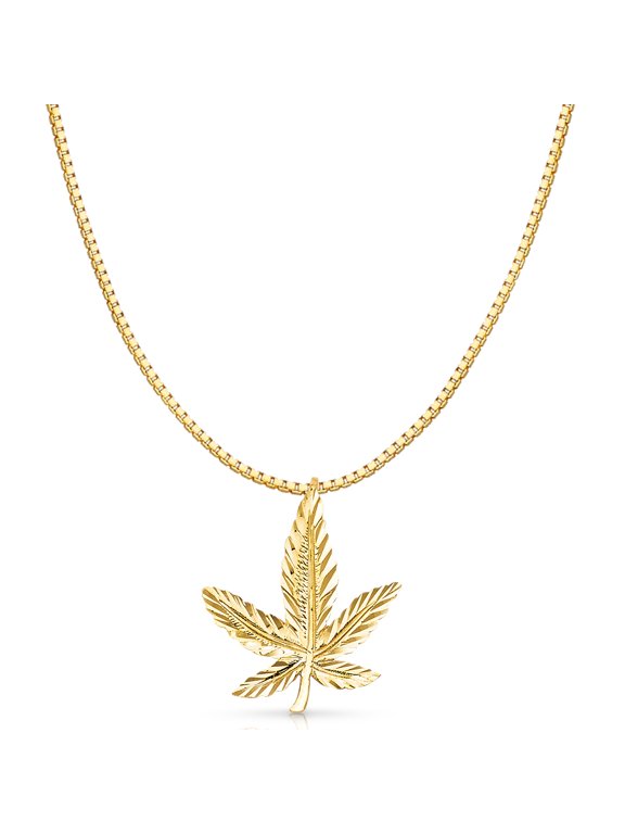 14K Yellow Gold Marijuana Leaf Charm Pendant with 1mm Box Chain Necklace - 24"