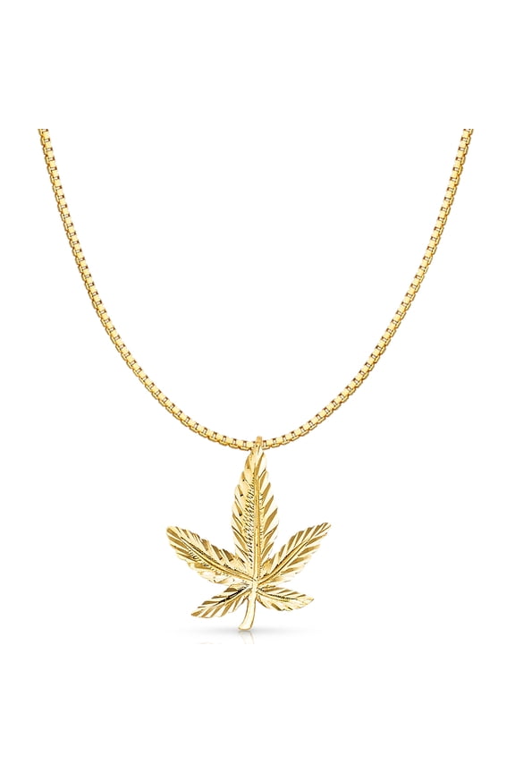14K Yellow Gold Marijuana Leaf Charm Pendant with 1mm Box Chain Necklace - 24"