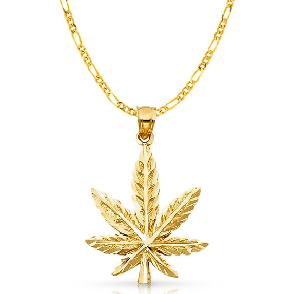 14K Yellow Gold Marijuana Leaf Charm Pendant with 3.9mm Figaro 3+1 Chain Necklace
