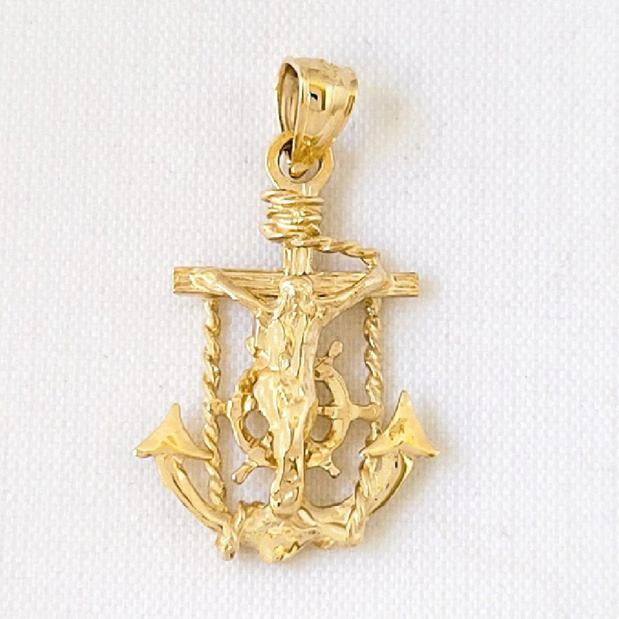 14K Yellow Gold Mariners Anchor Crucifix Cross Pendant