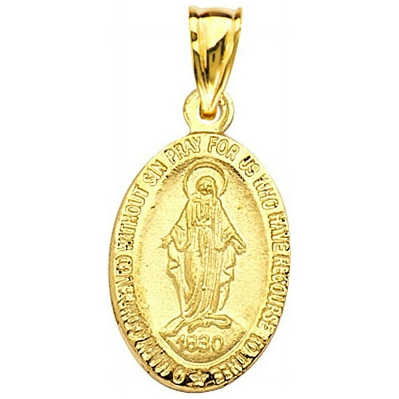 14K Yellow Gold Mary Miraculous Oval Medal With Text Mary conceived without sin pray for us who have recourse to thee