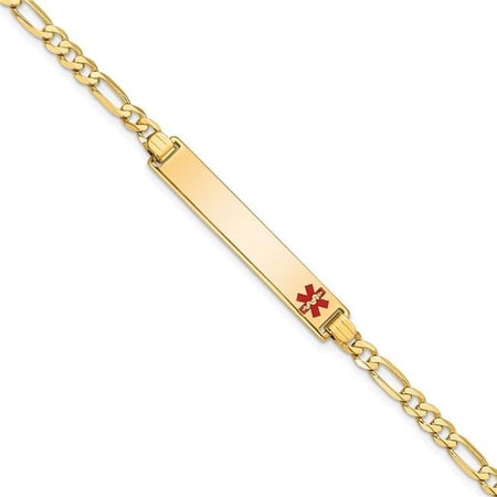 14K Yellow Gold Medical Red Enamel Flat Figaro Link ID 7 in. Bracelet