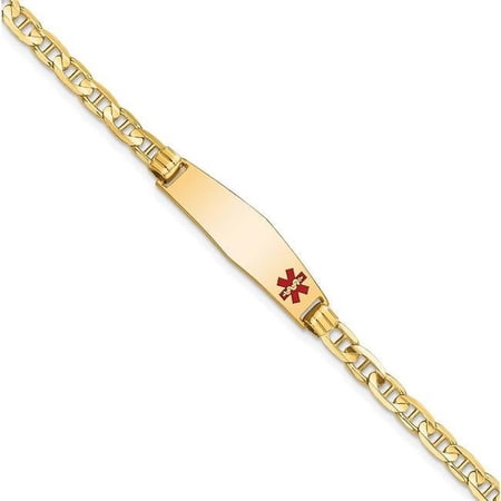 14K Yellow Gold Medical Soft Diamond Shape Red Enamel Anchor Link ID 7 in. Bracelet