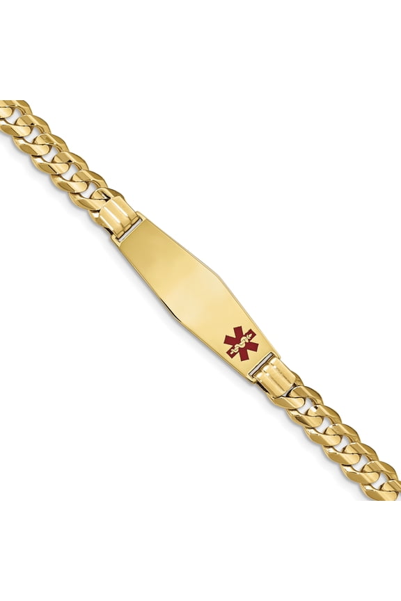 14K Yellow Gold Medical Soft Diamond Shape Red Enamel Curb ID Bracelet