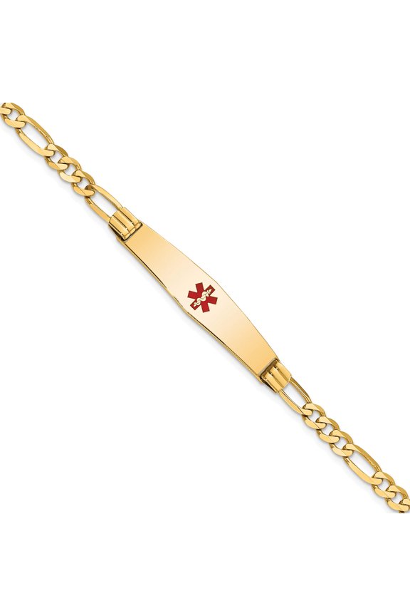 14K Yellow Gold Medical Soft Diamond Shape Red Enamel Figaro Id Bracelet (8 X 9) Made In United States xm565cc-8
