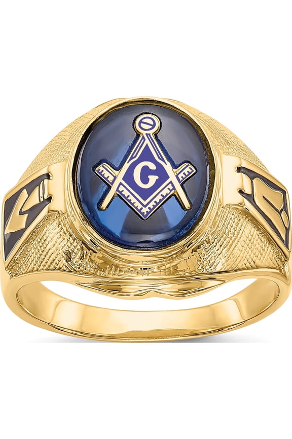 14K Yellow Gold IB Goodman 14K Mens Polished Antiqued and Textured with Synthetic Blue Spinel Masonic Ring